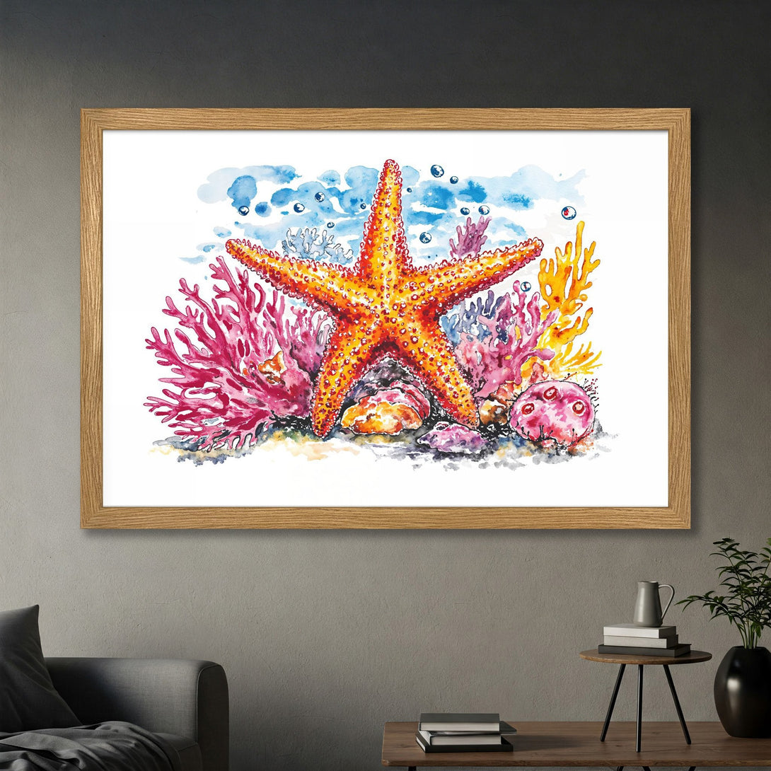 Framed Poster featuring a vibrant watercolor starfish and coral reef art. Stunning ocean-inspired decor with a warm, colorful palette.