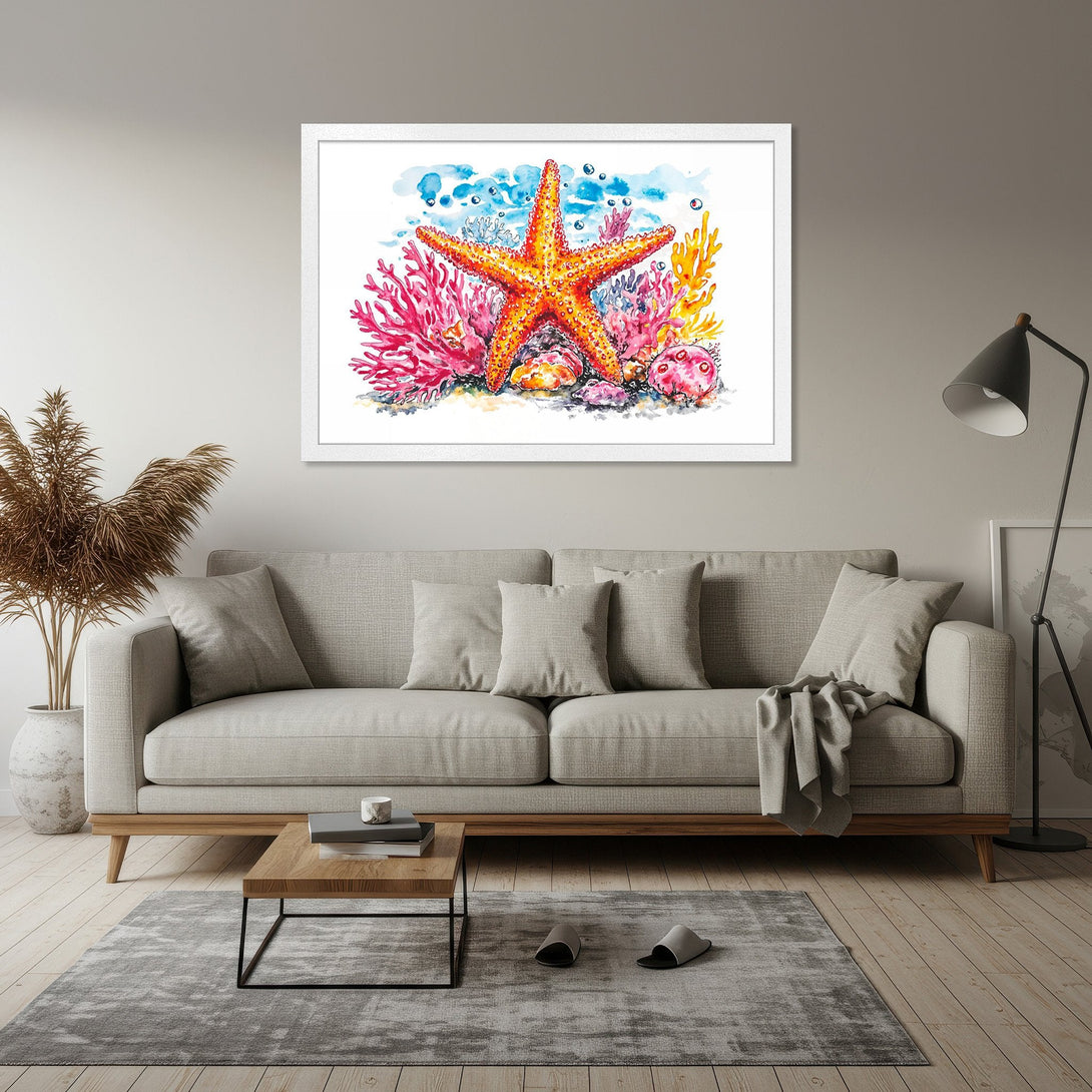 Framed Poster featuring a watercolor starfish and coral reef. Vibrant colors: orange, pink, blue, and yellow. Perfect coastal art!