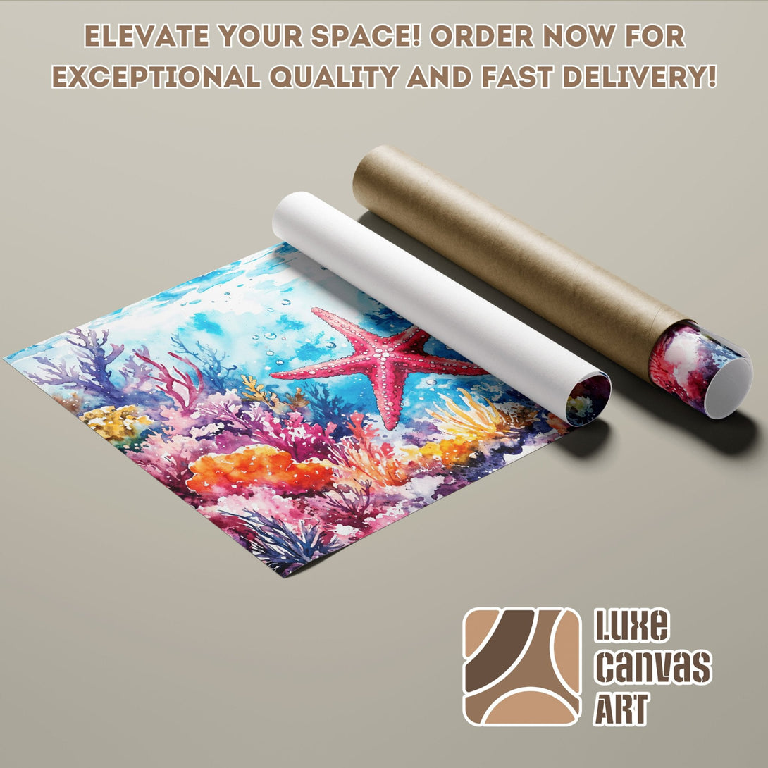 Poster Roll featuring a vibrant watercolor coral reef scene. Blue, pink, and yellow hues.