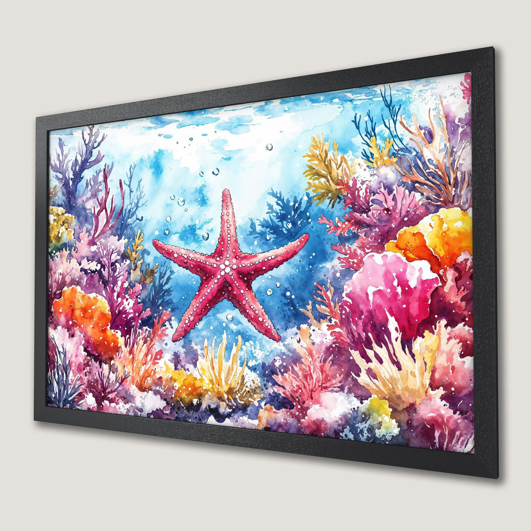 Framed Poster of a watercolor starfish & coral reef. Vibrant blues, pinks, and oranges create a stunning underwater scene. Perfect ocean decor!