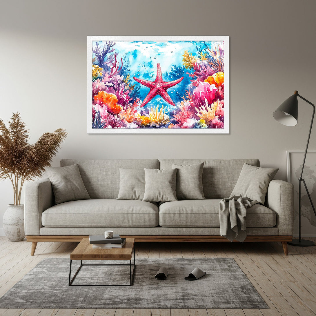 Framed Poster featuring a vibrant watercolor starfish and coral reef scene. Colorful palette of blues, pinks, and oranges. Perfect wall art!