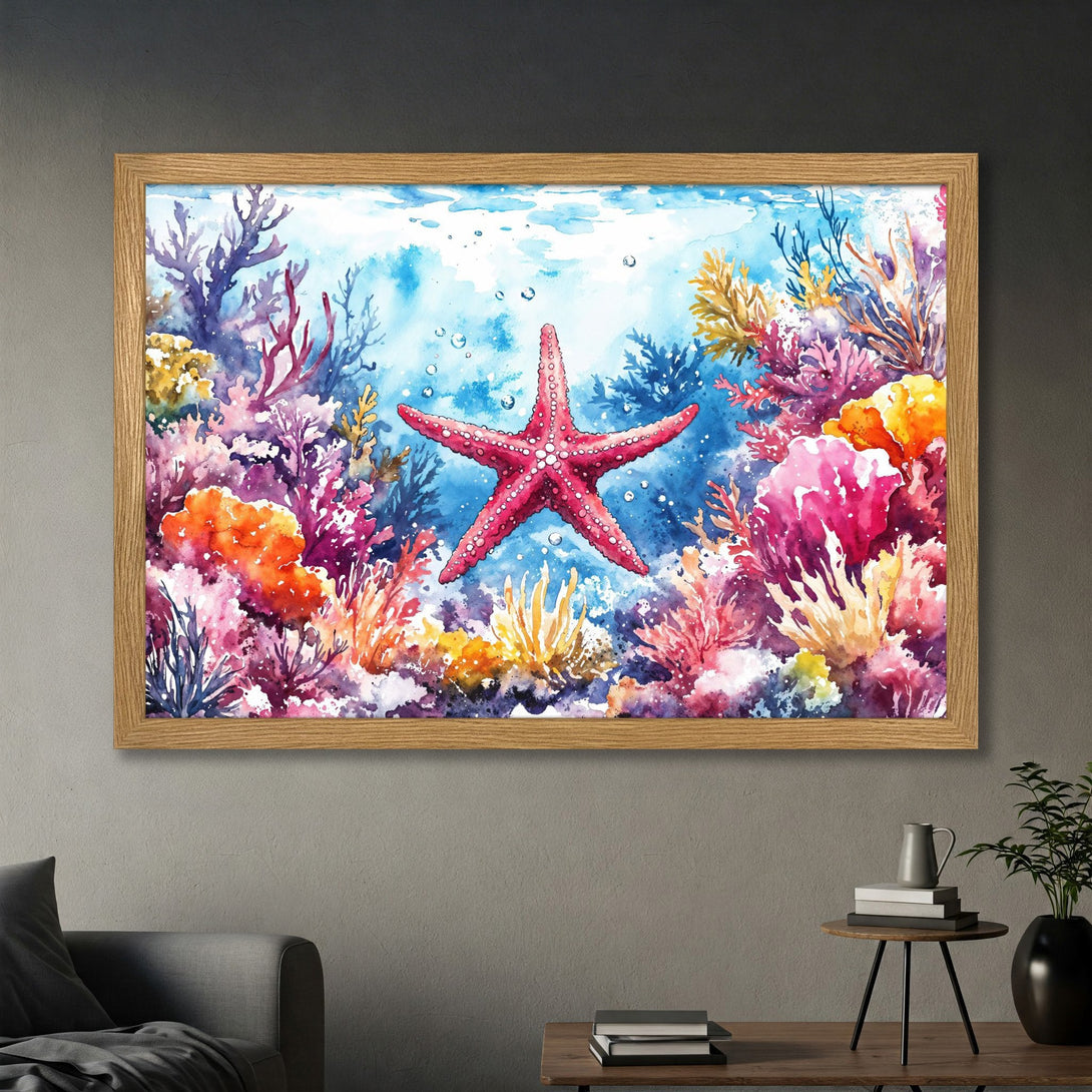 Framed Poster featuring a vibrant watercolor starfish and coral reef scene. Stunning art in a blue, pink, and orange color palette. Perfect wall decor!