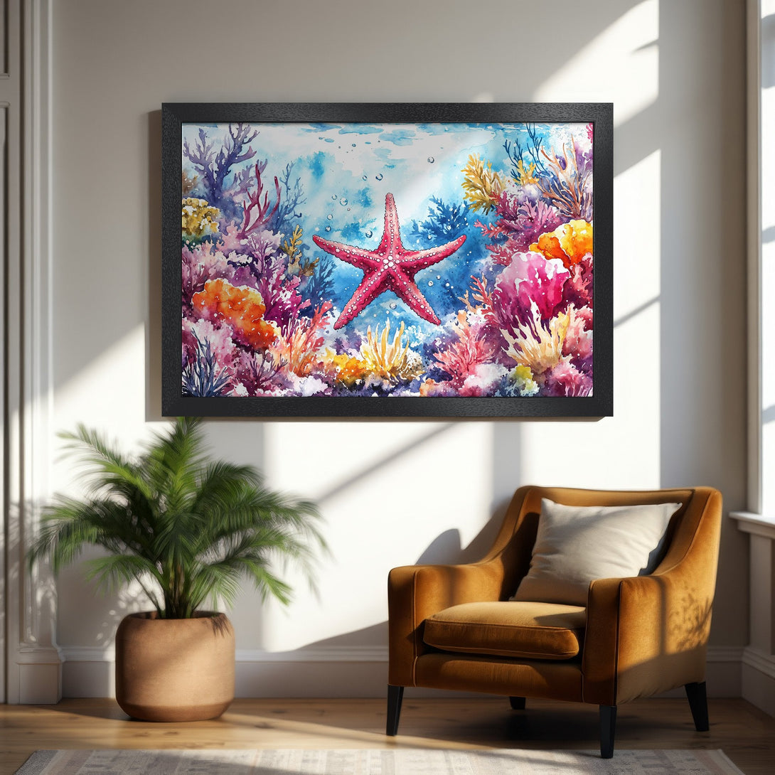 Framed Poster featuring a watercolor starfish and coral reef. Vibrant colors, perfect for coastal decor. Add a splash of the ocean to your home!