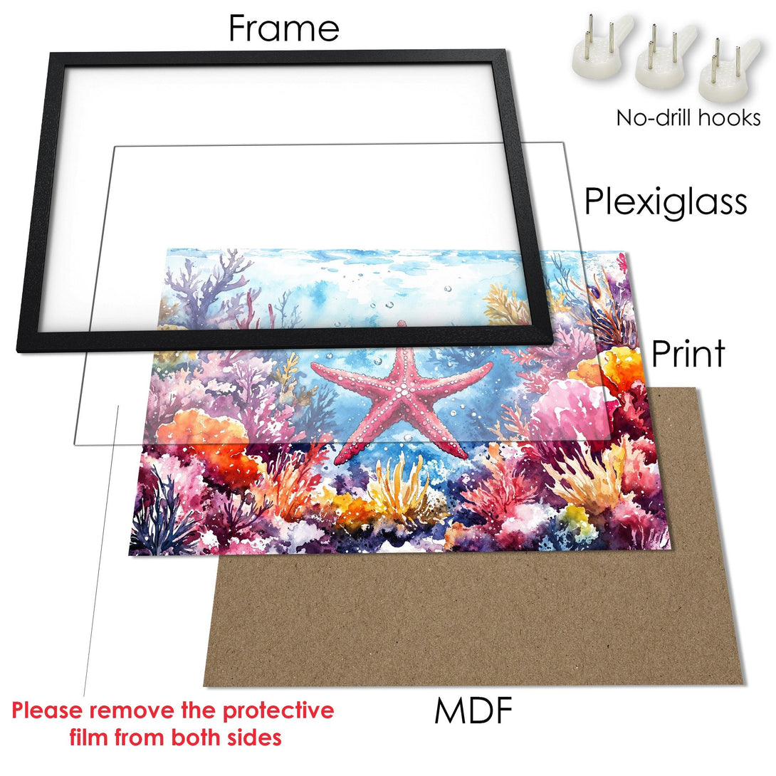 Framed Poster featuring a watercolor starfish and coral reef scene. Vibrant, colorful artwork in a blue, pink, and orange palette.
