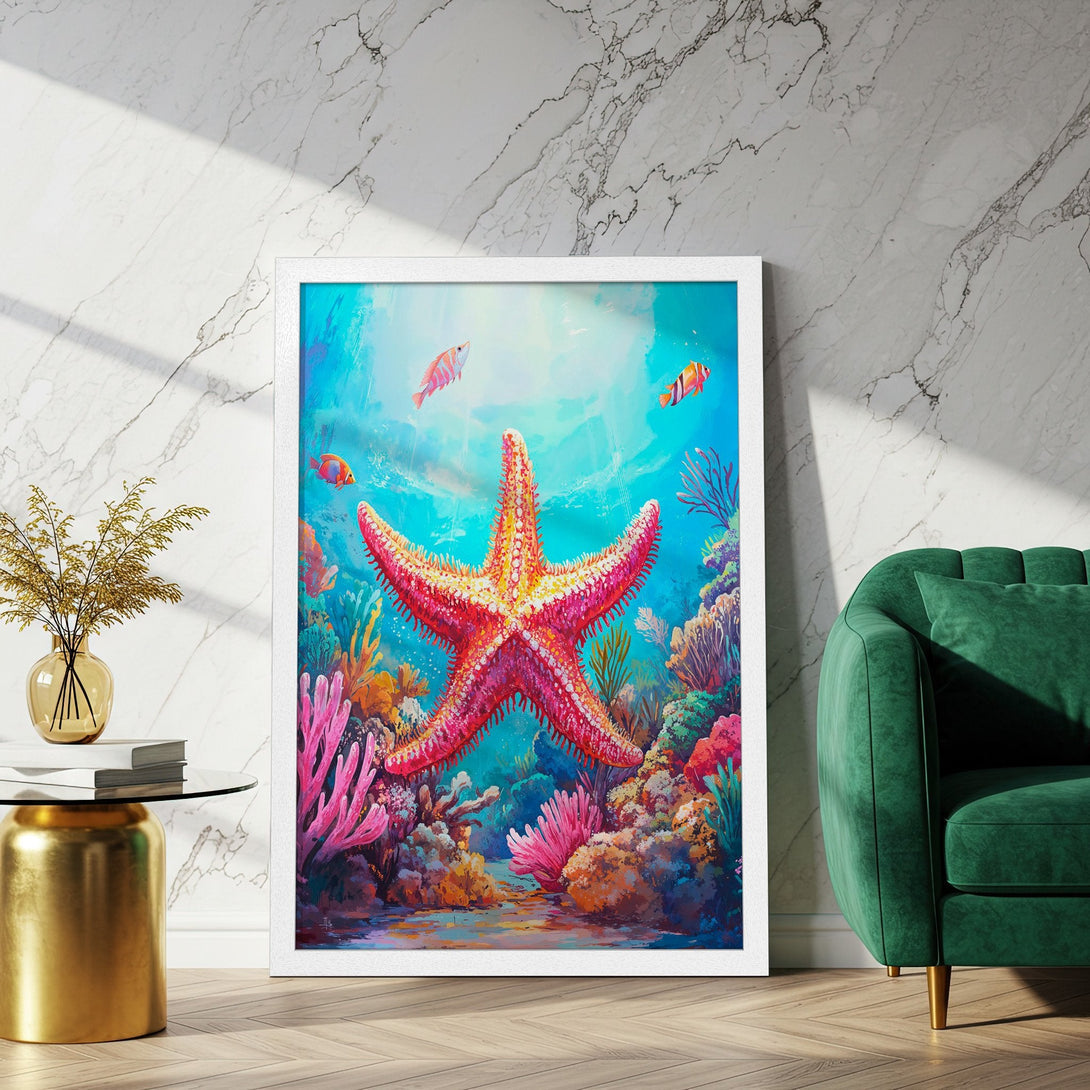 Framed Poster featuring a vibrant starfish underwater scene. Colorful, artistic design with a blue, pink, and orange palette. Perfect wall art!