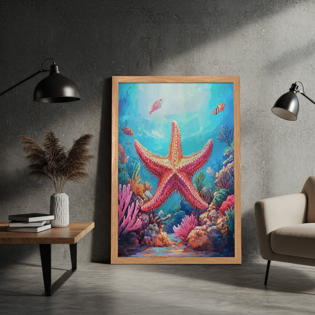 Framed Poster of a vibrant underwater scene with a starfish, coral, and fish. Artistic style with a colorful blue, pink, and orange palette.