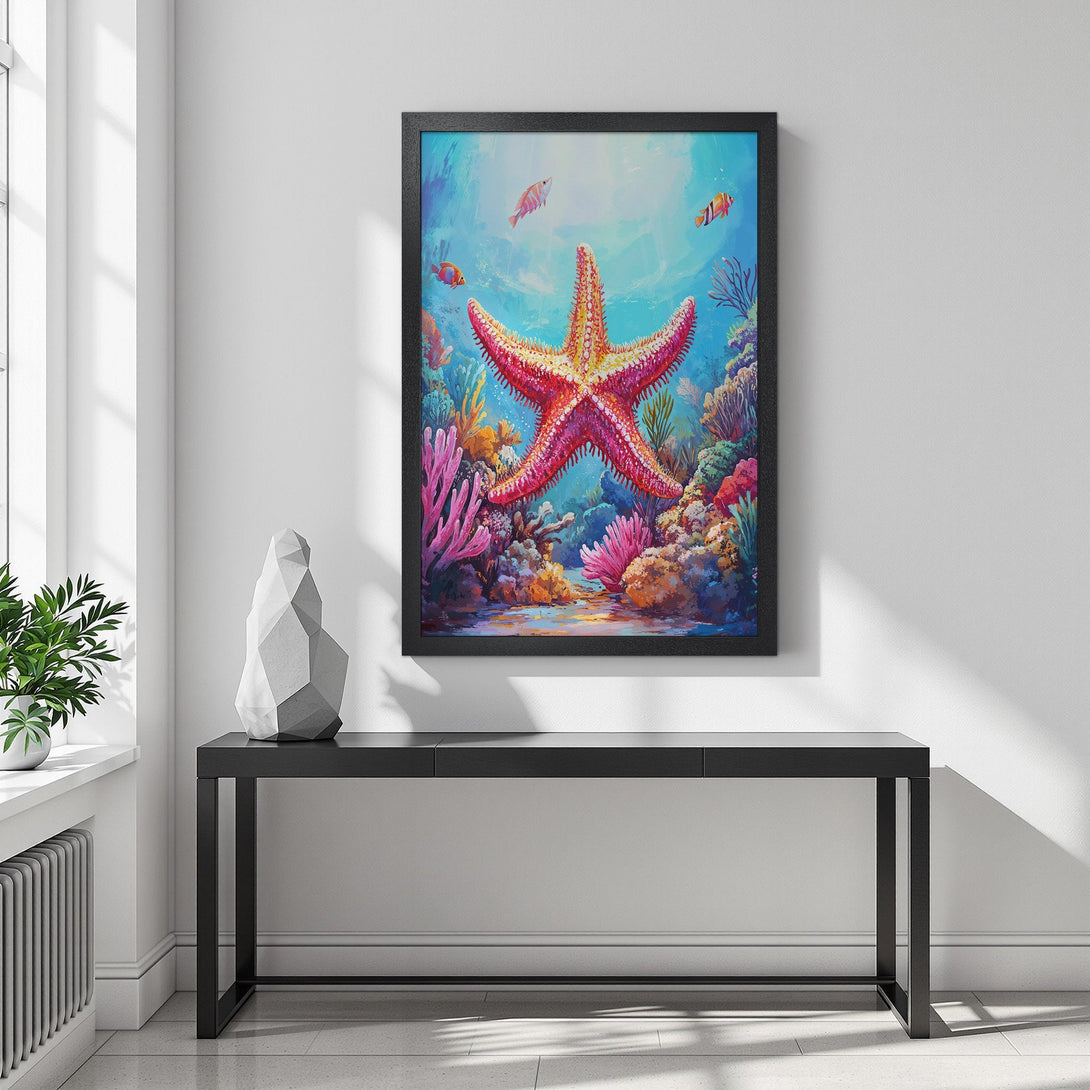 Framed Poster featuring a vibrant starfish & coral reef art print. Colorful underwater scene in a bold, artistic style. Perfect wall decor!