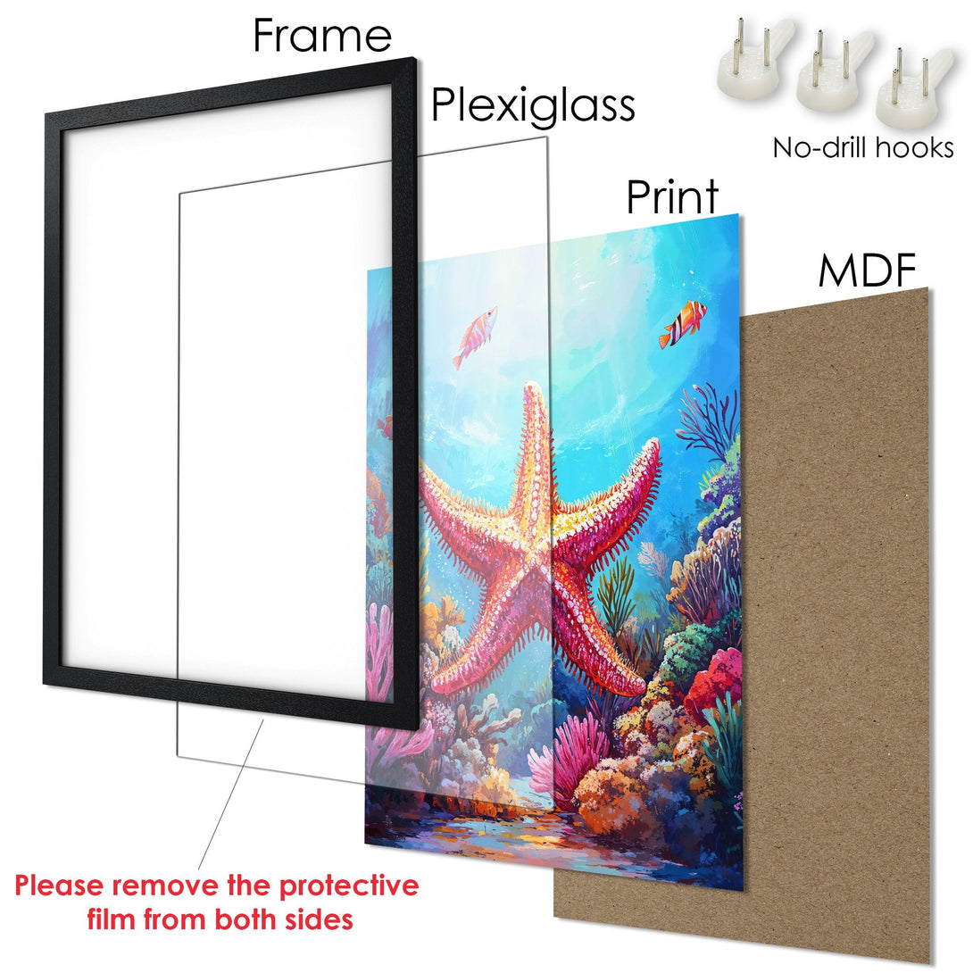 Framed Poster featuring a vibrant underwater scene with a starfish. Colorful artwork in blue, red, and green hues. Perfect wall art!