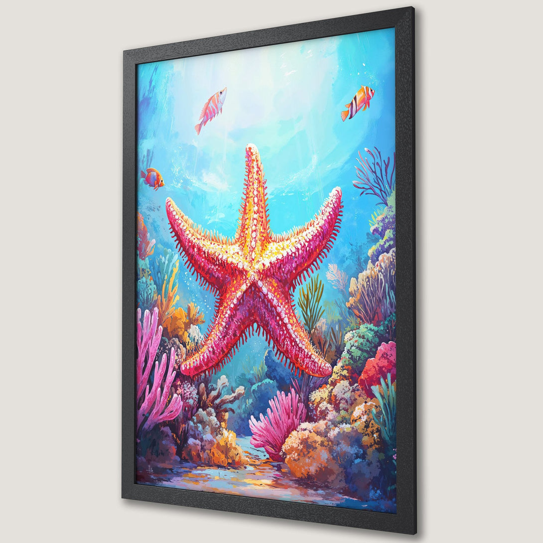 Framed Poster featuring a vibrant underwater scene with a starfish. Colorful, artistic style with a blue, pink, and orange palette. Perfect wall art!