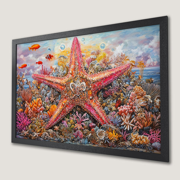 Framed Poster: Vibrant starfish & coral reef art print. Colorful ocean scene in a painterly style. Perfect wall decor!