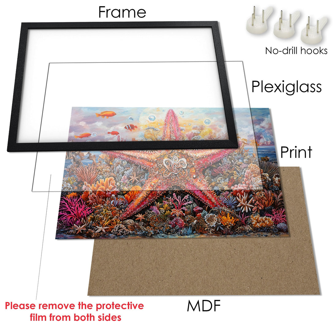 Framed Poster featuring vibrant coral reef art. Colorful, detailed, and ready to brighten your space!
