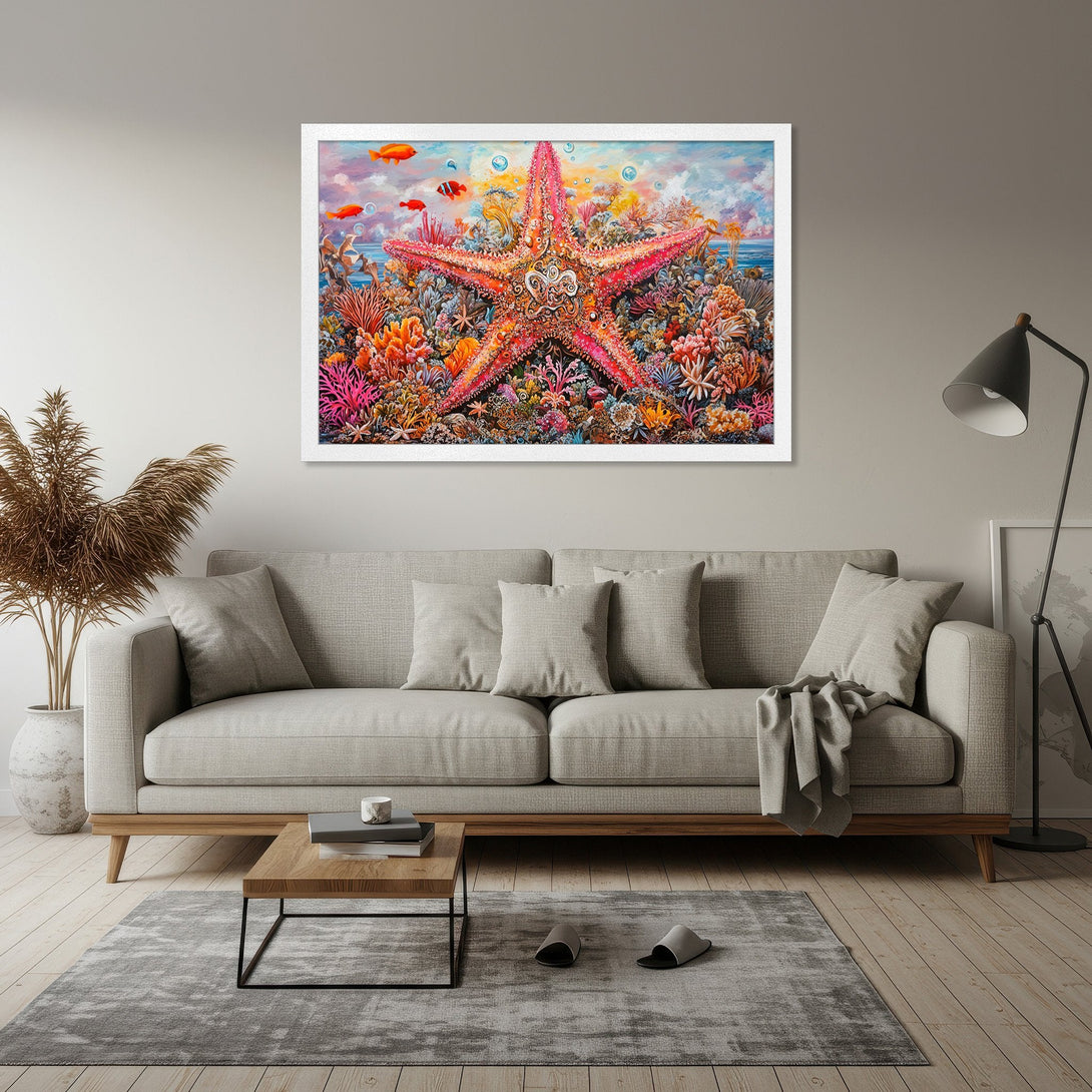 Framed Poster featuring a vibrant starfish in a coral reef scene. Artistic style with a colorful palette of pinks, oranges, and blues. Perfect wall art.