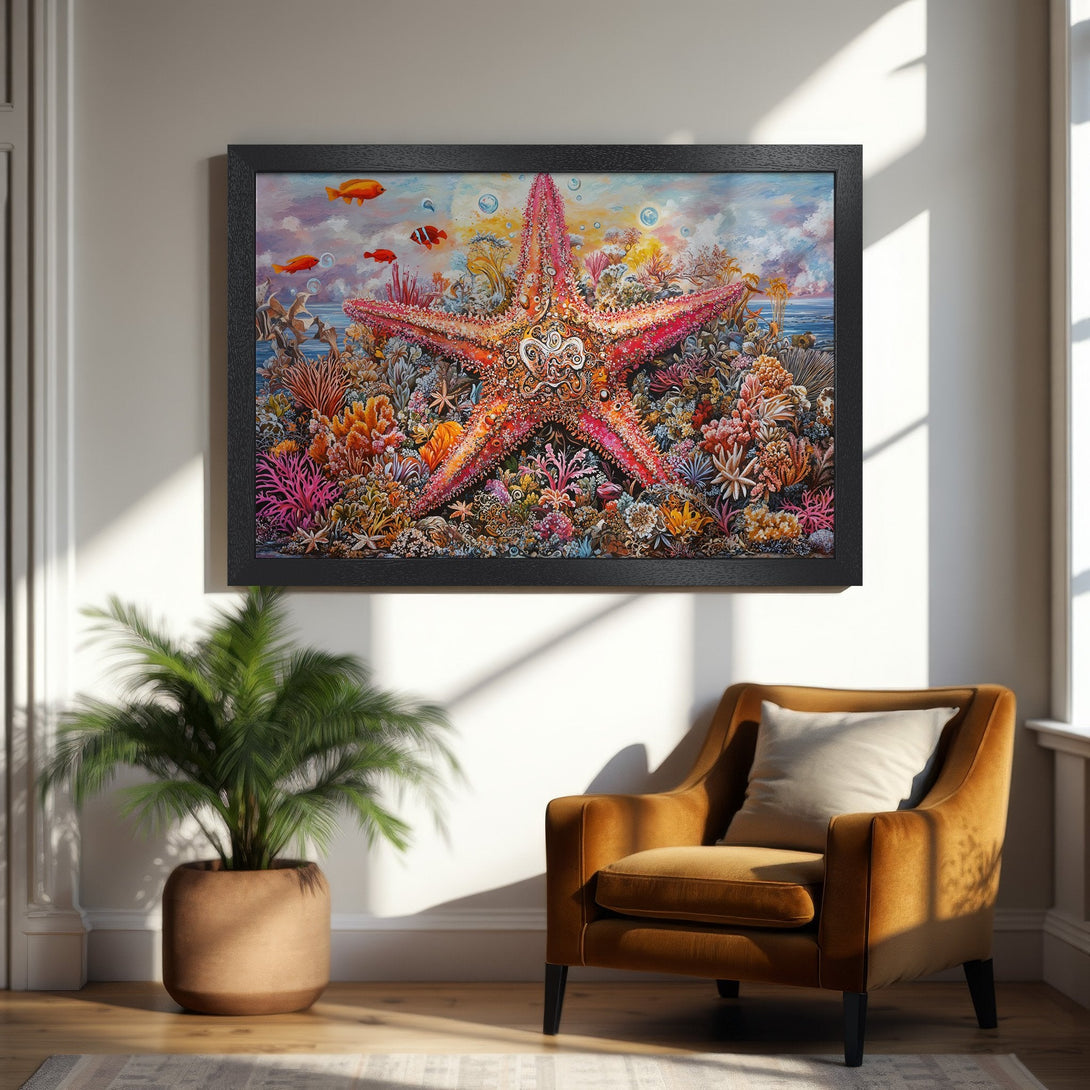 Framed Poster featuring a vibrant starfish and coral reef art. Colorful, detailed painting in a warm, inviting palette. Perfect ocean decor.