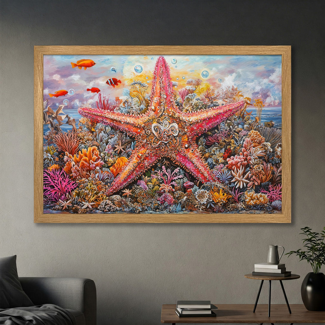 Framed Poster featuring a vibrant starfish and coral reef artwork. Artistic style with a colorful palette of pinks, oranges, and blues. Perfect wall art!