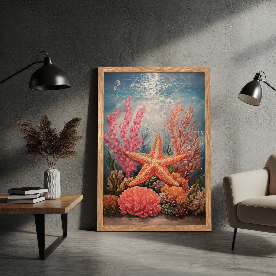 Framed Poster featuring an underwater scene with a starfish, coral, and a blue, orange, and pink color palette.