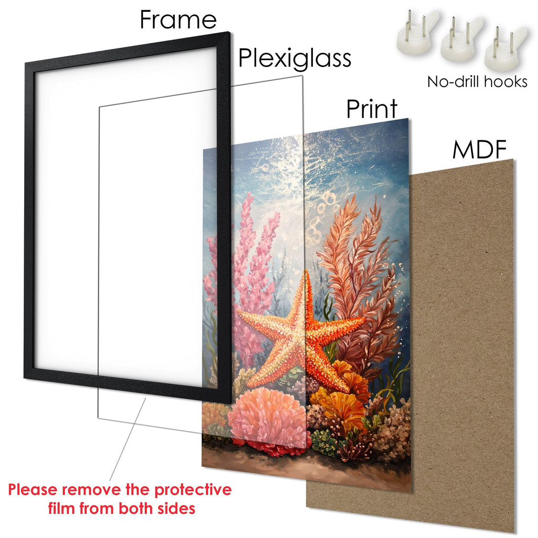 Framed Poster of vibrant underwater scene with starfish and coral. Coastal art in blue, orange, and pink tones. Ready to hang!