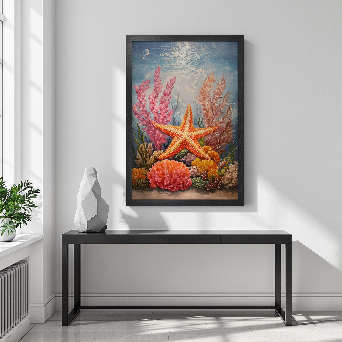Framed Poster featuring a vibrant starfish and coral reef art in a blue, orange, and pink color palette. Add coastal charm with this beautiful Poster!