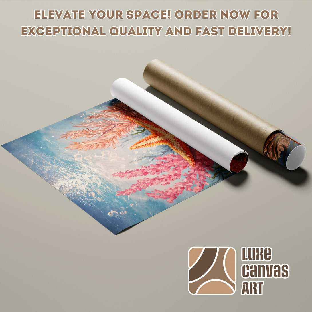 Poster Roll featuring an ocean-themed painting in blue, pink, and orange. Elevate your space with this beautiful art!