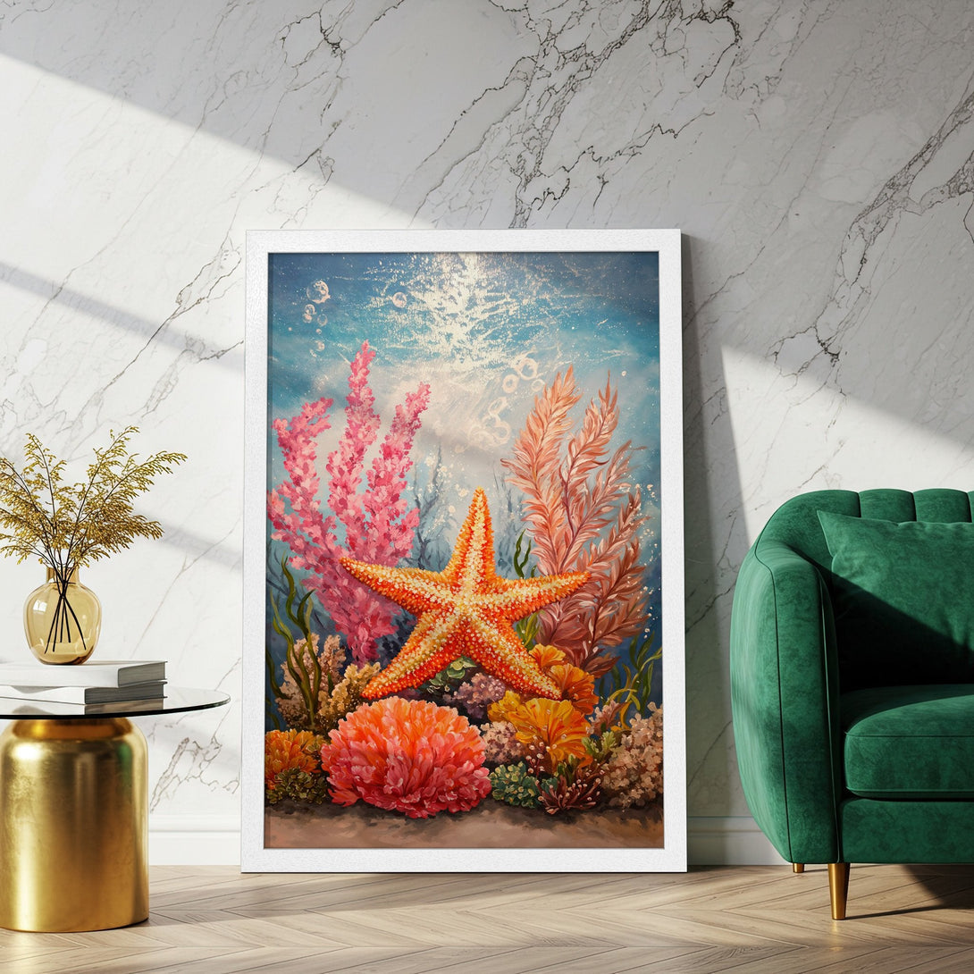 Framed Poster featuring a vibrant starfish and coral reef art. Perfect for coastal decor, with a warm, colorful palette.