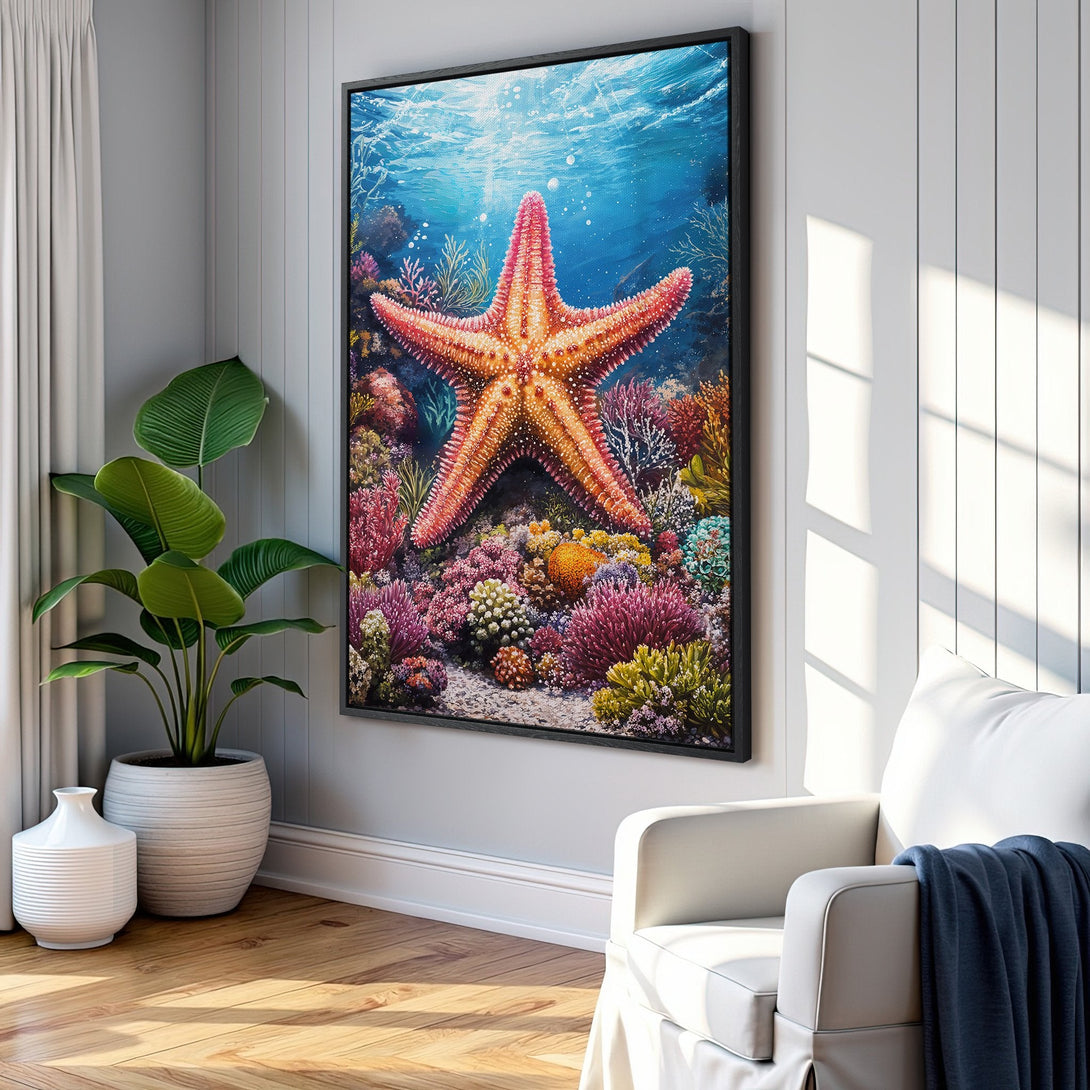 Framed Wall Art: Vibrant starfish canvas print in a coastal style, featuring a colorful coral reef and blue ocean hues. Perfect for adding a touch of the sea to your home.