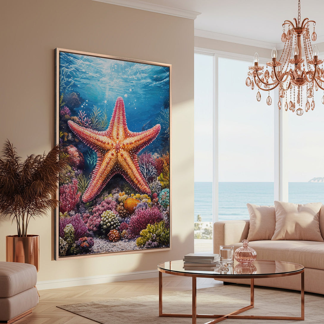 Framed Wall Art featuring a vibrant starfish and coral reef scene. Coastal decor with a colorful, underwater design in a serene, neutral interior.