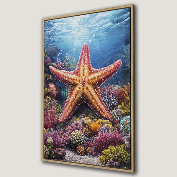 Framed Wall Art: Stunning starfish in a vibrant underwater scene. Colorful coral reef art with a blue, pink, and yellow palette. Bring the ocean to your home!