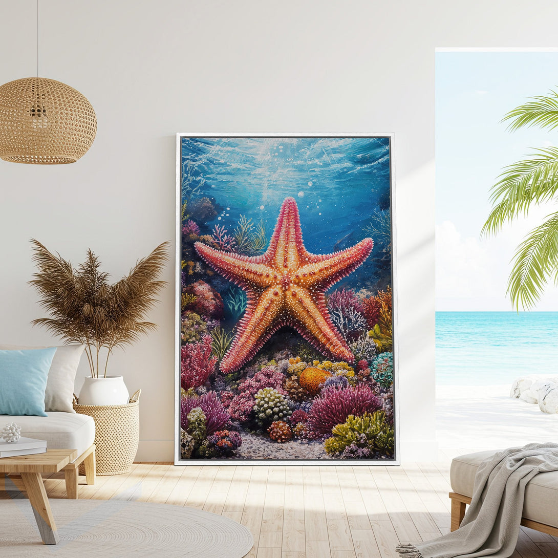 Framed Wall Art: Vibrant starfish painting in a coastal interior. Features a colorful coral reef scene with blues, pinks, and yellows. Perfect beach house decor!