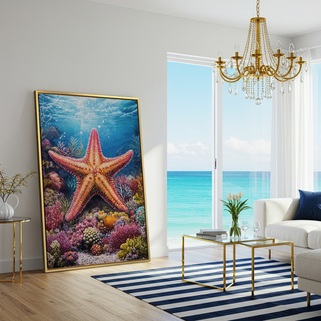 Canvas Print of a vibrant starfish underwater scene, featuring coral reefs in a colorful palette of blues, pinks, and oranges. Perfect coastal wall art.