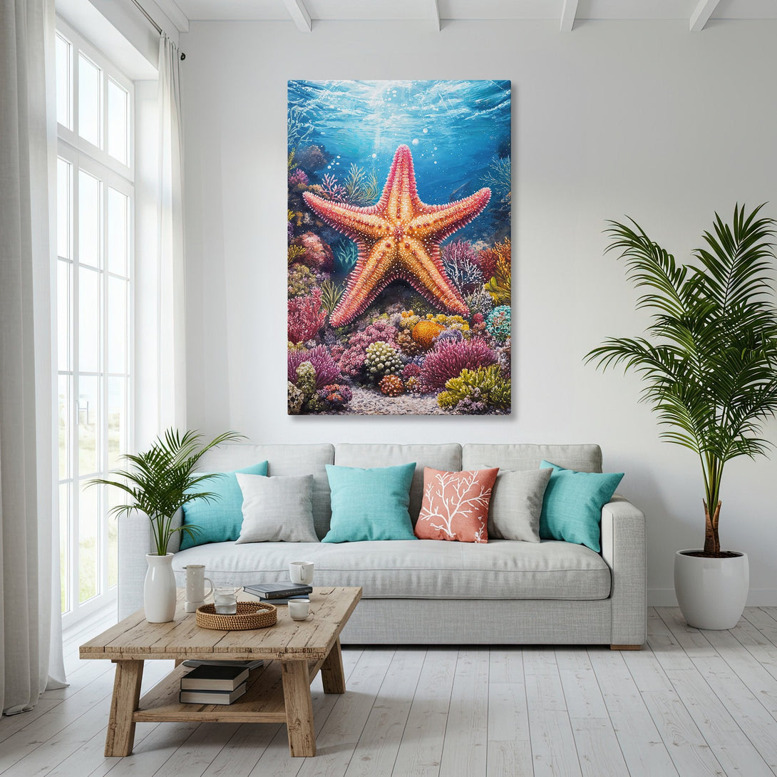 Framed Wall Art: Coastal starfish painting in vibrant coral, blue, and gold tones. Perfect for adding a touch of ocean style to your home decor.