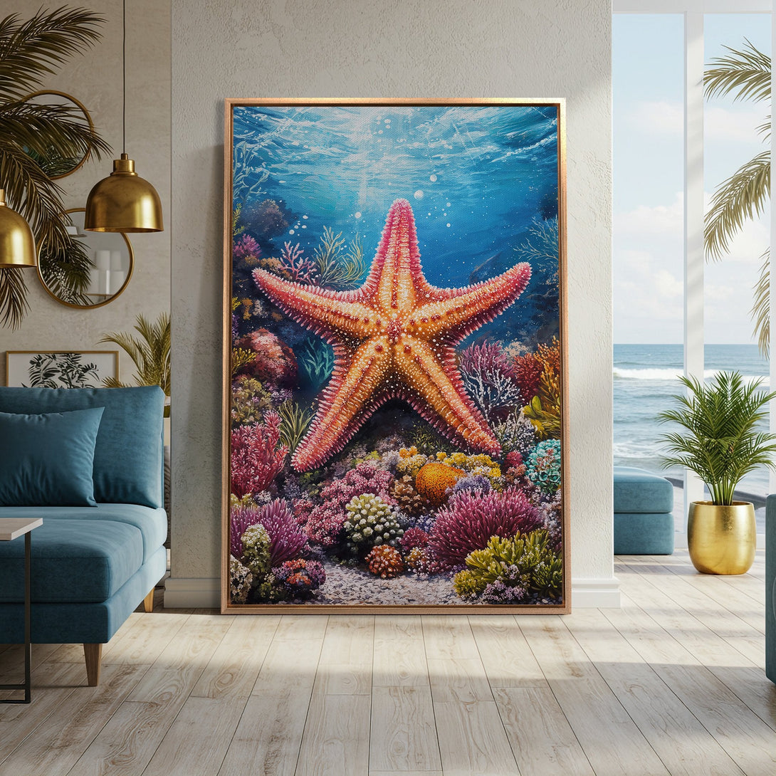 Framed Wall Art: Vibrant starfish canvas print in a coastal interior. Features a colorful coral reef scene with blue, pink, and yellow hues. Perfect for beach house decor.