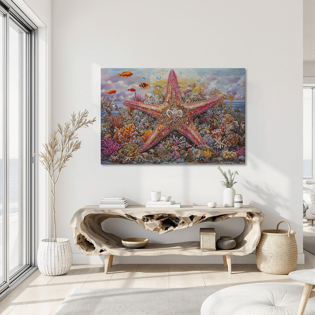 Framed Wall Art: Vibrant starfish and coral reef scene in a colorful palette. Coastal art print for a stunning interior design.