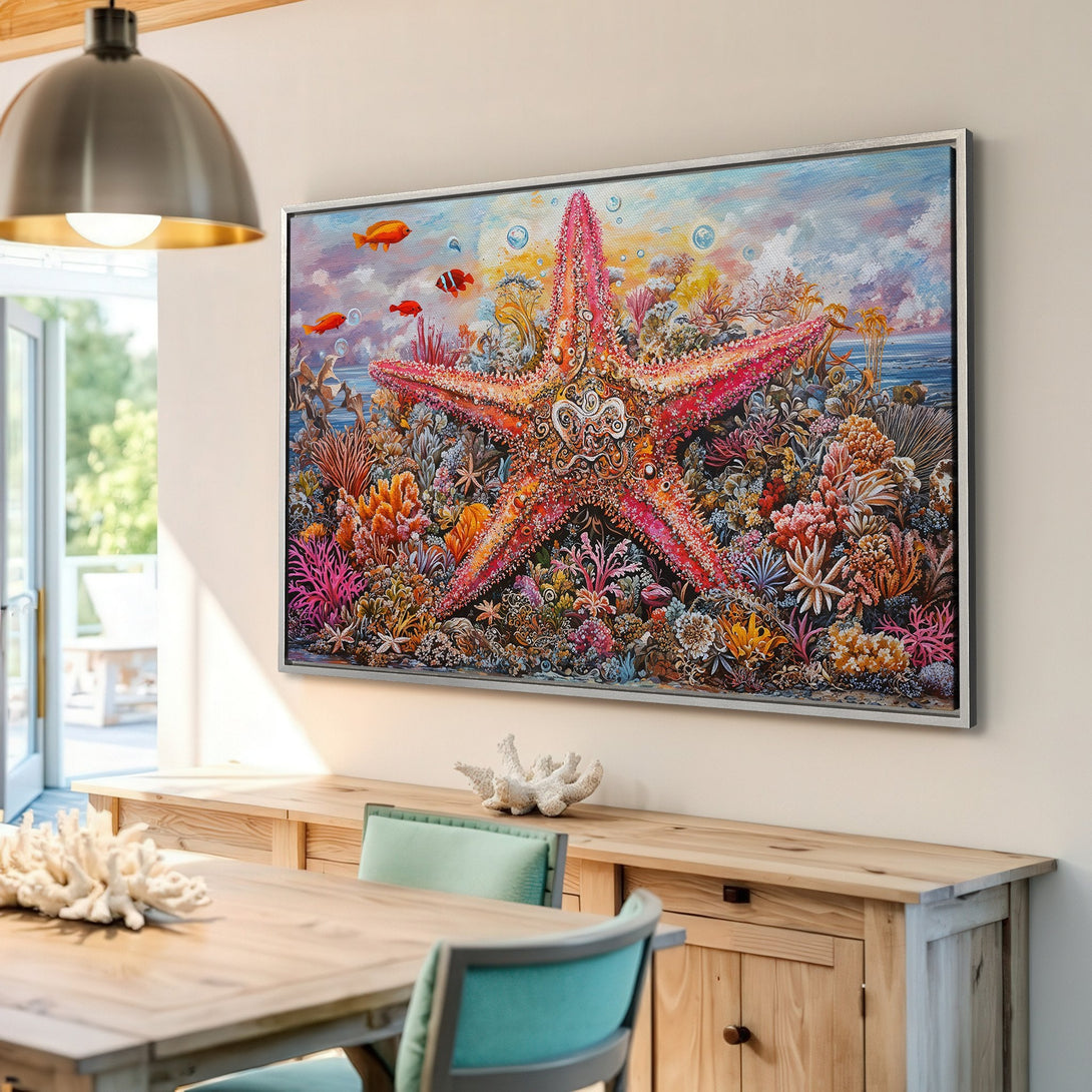 Framed Wall Art: Vivid starfish & coral reef scene in a colorful, detailed style. Coastal decor perfect for adding a pop of art to your home.