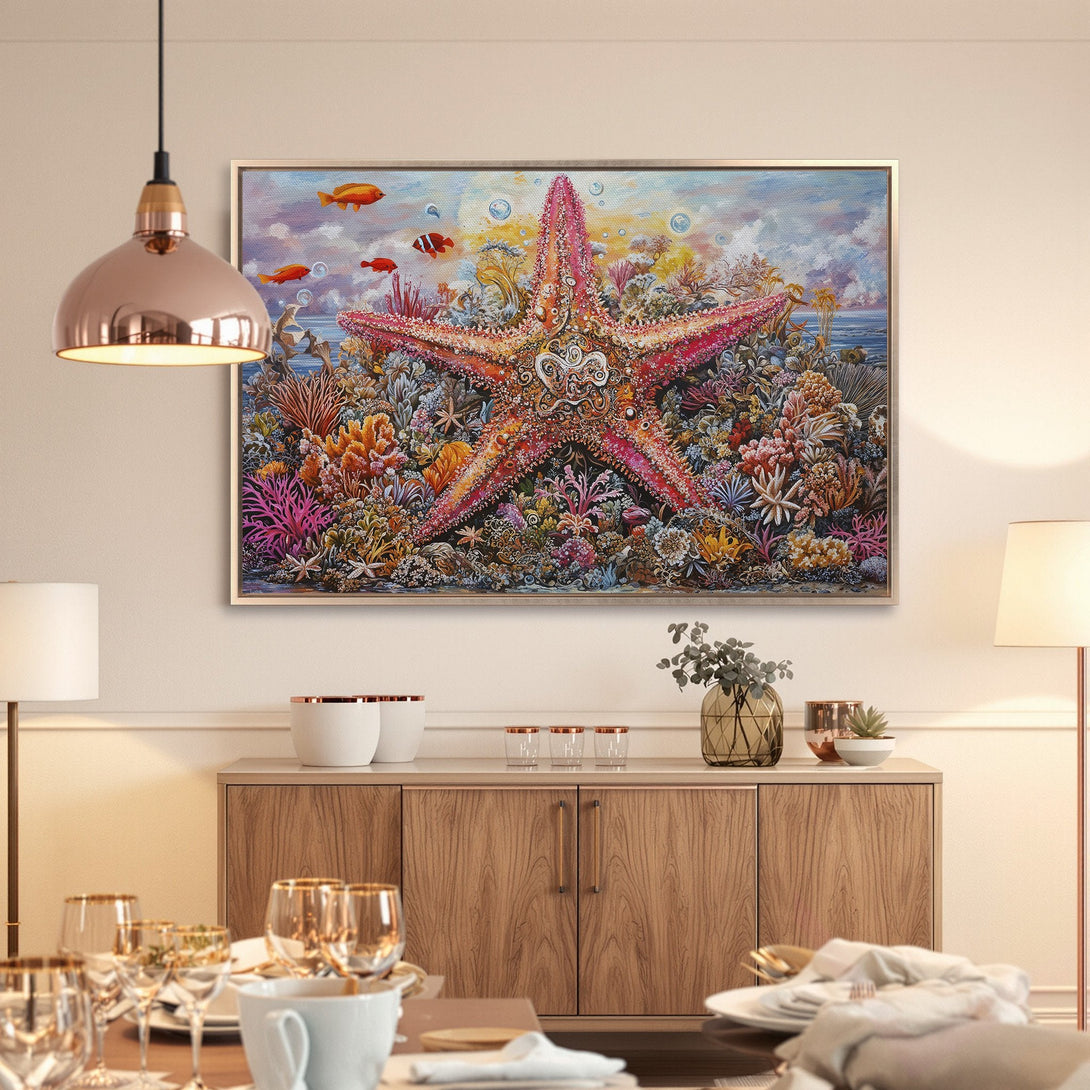 Framed Wall Art: Stunning starfish canvas print with vibrant coral reef scene. Colorful artwork in pinks, oranges, and blues. Perfect coastal decor.