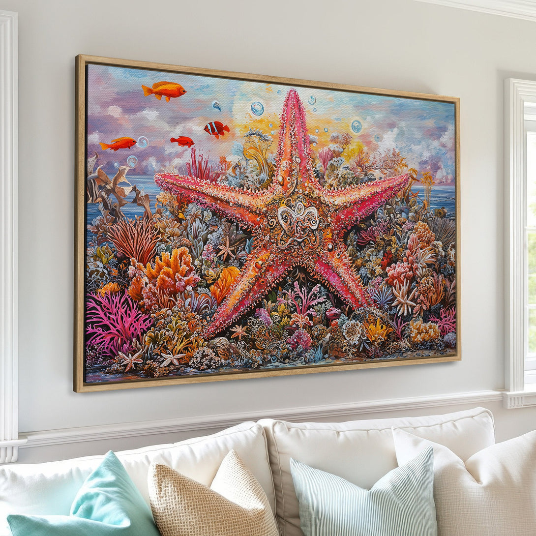 Framed Wall Art featuring a vibrant starfish and coral reef scene. Colorful, detailed artwork with a warm, inviting palette, perfect for coastal decor.