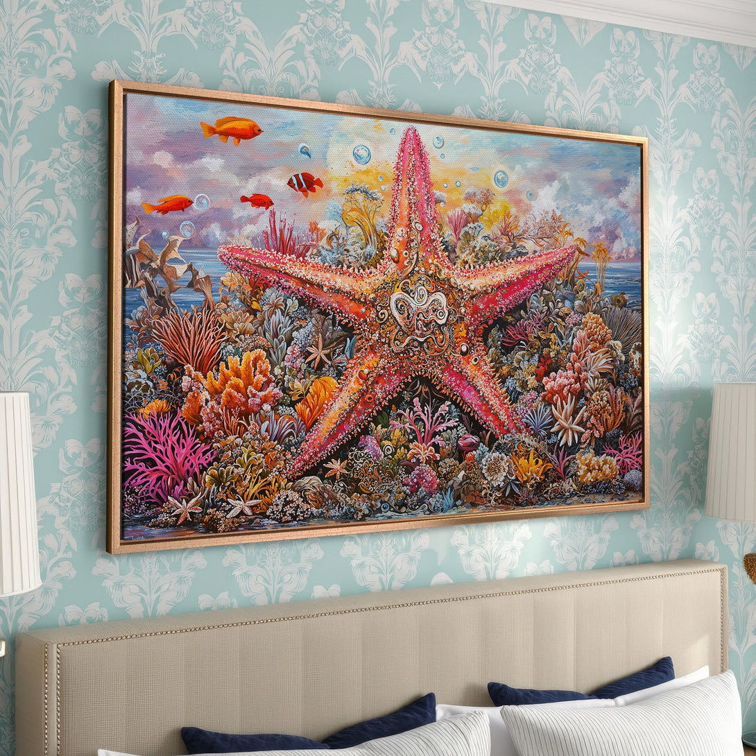 Framed Wall Art: Vibrant starfish art in a bedroom. Colorful coral reef scene with warm orange, pink, and blue hues. Coastal decor for a serene, artistic touch.