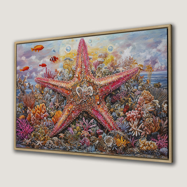 Framed Wall Art: Vibrant starfish and coral reef painting in warm, colorful palette. Perfect coastal decor for your home!