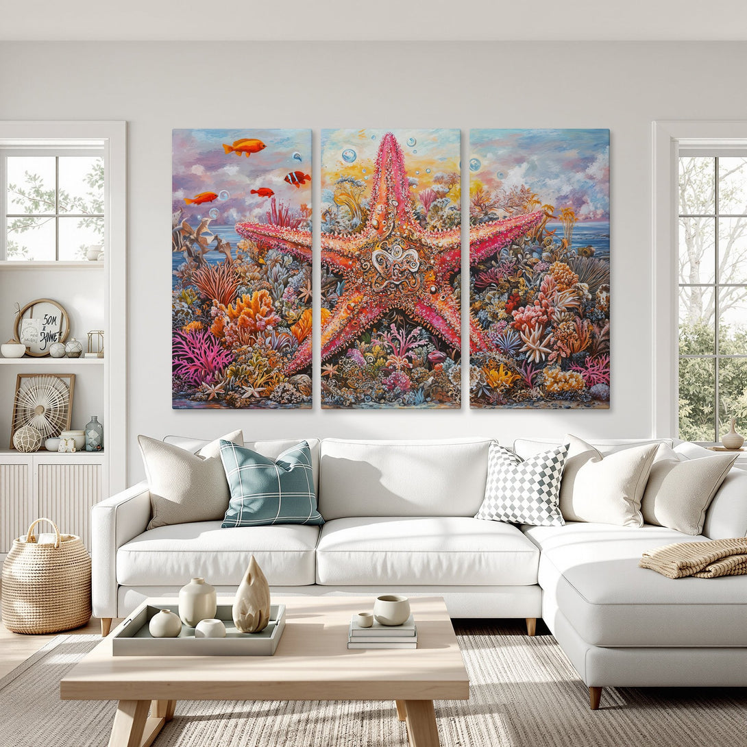 Canvas Print of a vibrant starfish painting in a coastal style, featuring a colorful coral reef and a warm, inviting color palette.