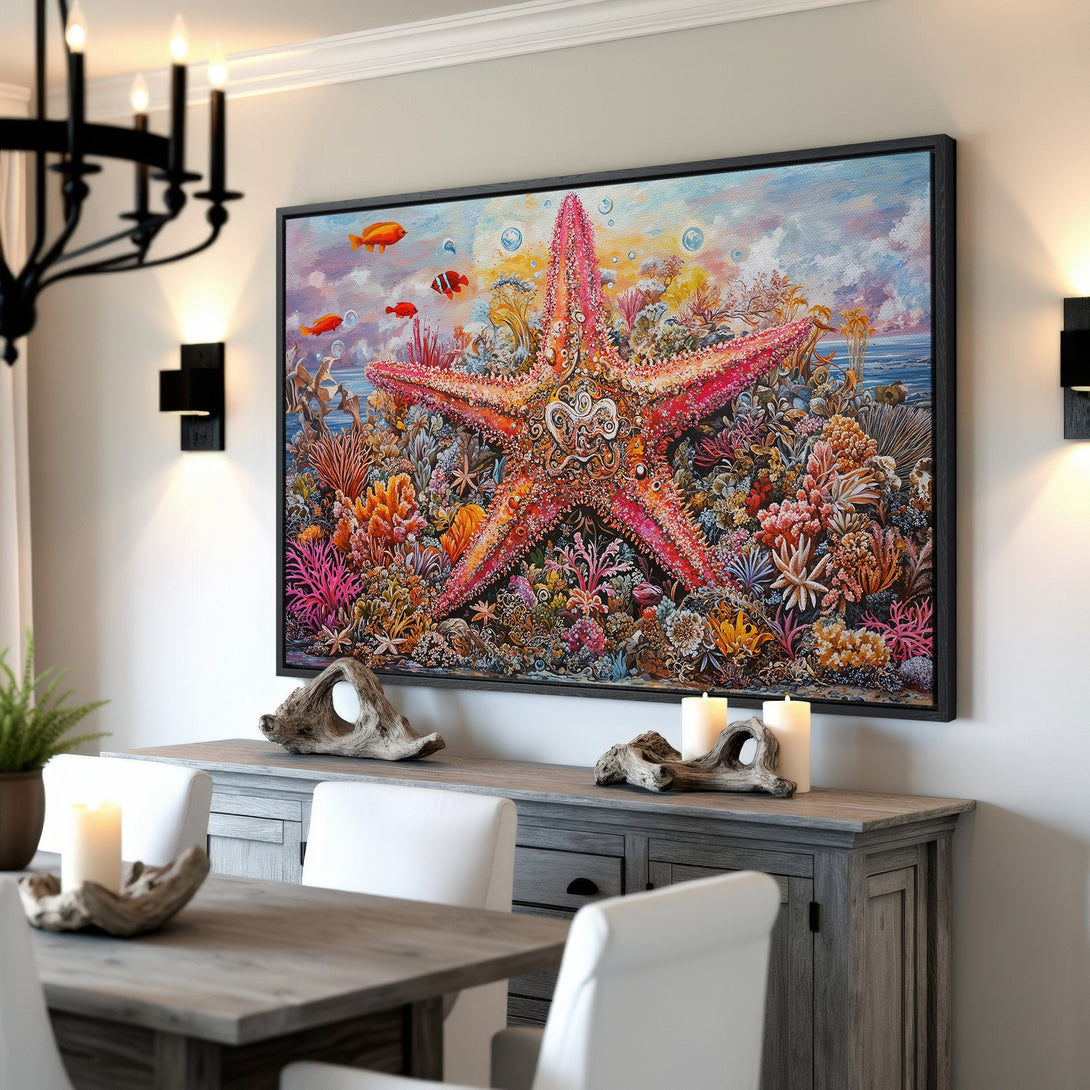 Framed Wall Art: Vibrant starfish painting with coral reef details, displayed in a dining room. Colorful artwork with a coastal theme.