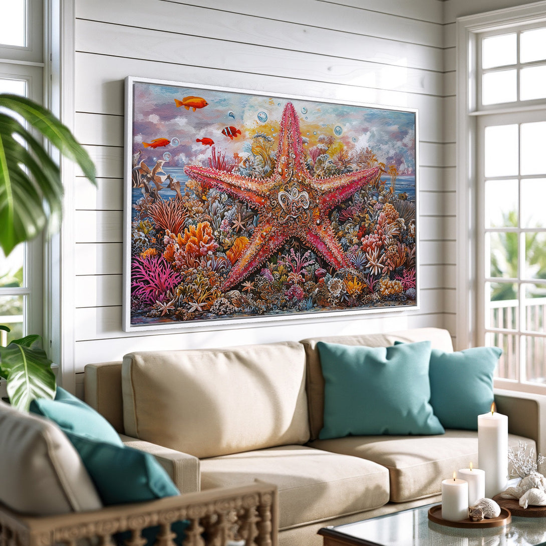 Framed Wall Art Canvas Print featuring a vibrant starfish & coral reef scene. Coastal style art with a colorful palette of red, orange, and teal.