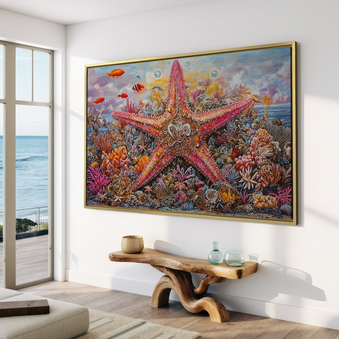 Canvas Print of a vibrant starfish and coral reef scene. Coastal style art with a warm, colorful palette. Perfect for adding a touch of the ocean to your home.