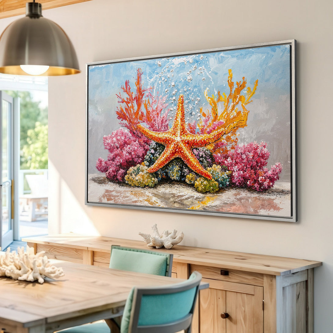 Framed Wall Art: Vibrant starfish and coral reef painting. Coastal style with a warm, colorful palette of orange, pink, and blue. Perfect for beach decor!