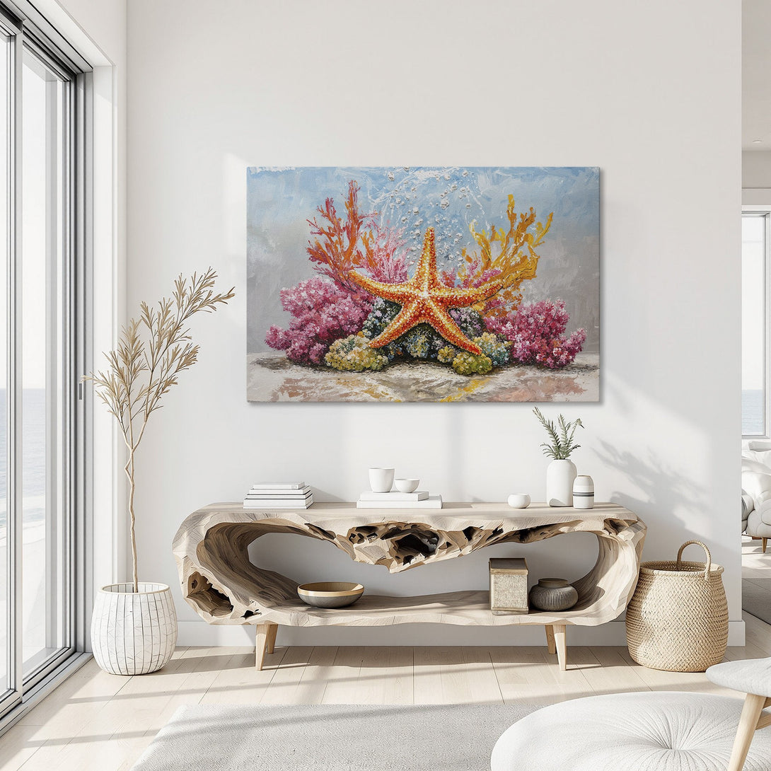 Framed Wall Art: Stunning starfish and coral painting in a coastal style. Vibrant colors of orange, pink, and blue brighten any space. Perfect beach decor!
