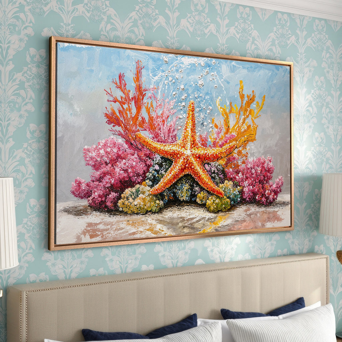 Framed Wall Art: Colorful starfish and coral painting in a coastal style. Features warm orange, pink, and blue hues. Perfect for adding a pop of color!