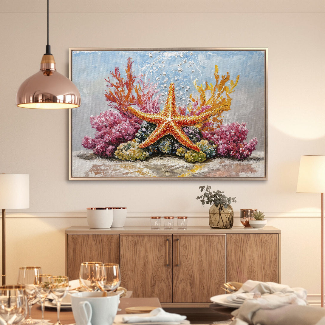 Framed Wall Art: Vibrant starfish & coral painting. Coastal style with warm orange, pink & blue palette. Perfect for adding a pop of color to your home!