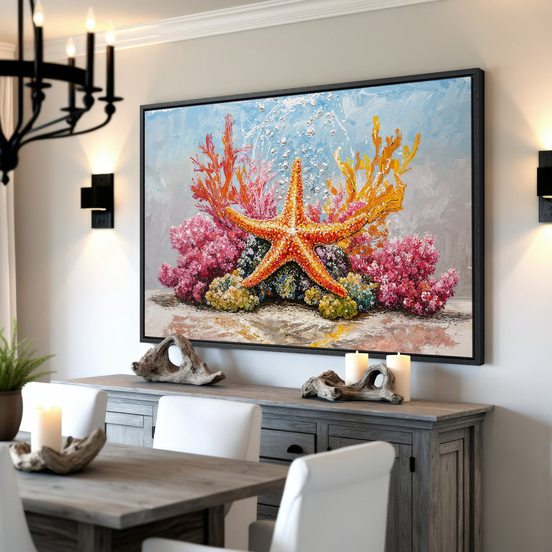 Framed Wall Art featuring a vibrant starfish and coral reef, painted in a textured, impressionistic style with a warm, colorful palette. Perfect for coastal decor!