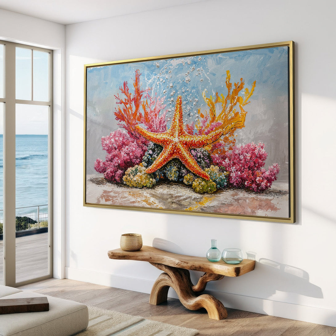 Canvas Print of a vibrant starfish and coral reef painting, perfect for coastal decor. Features warm orange, pink, and yellow hues.