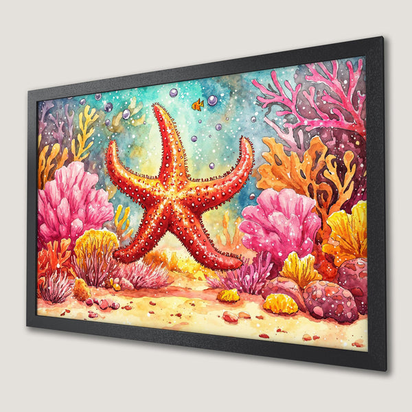 Framed Poster featuring a vibrant watercolor starfish and coral reef scene in a colorful, warm palette.