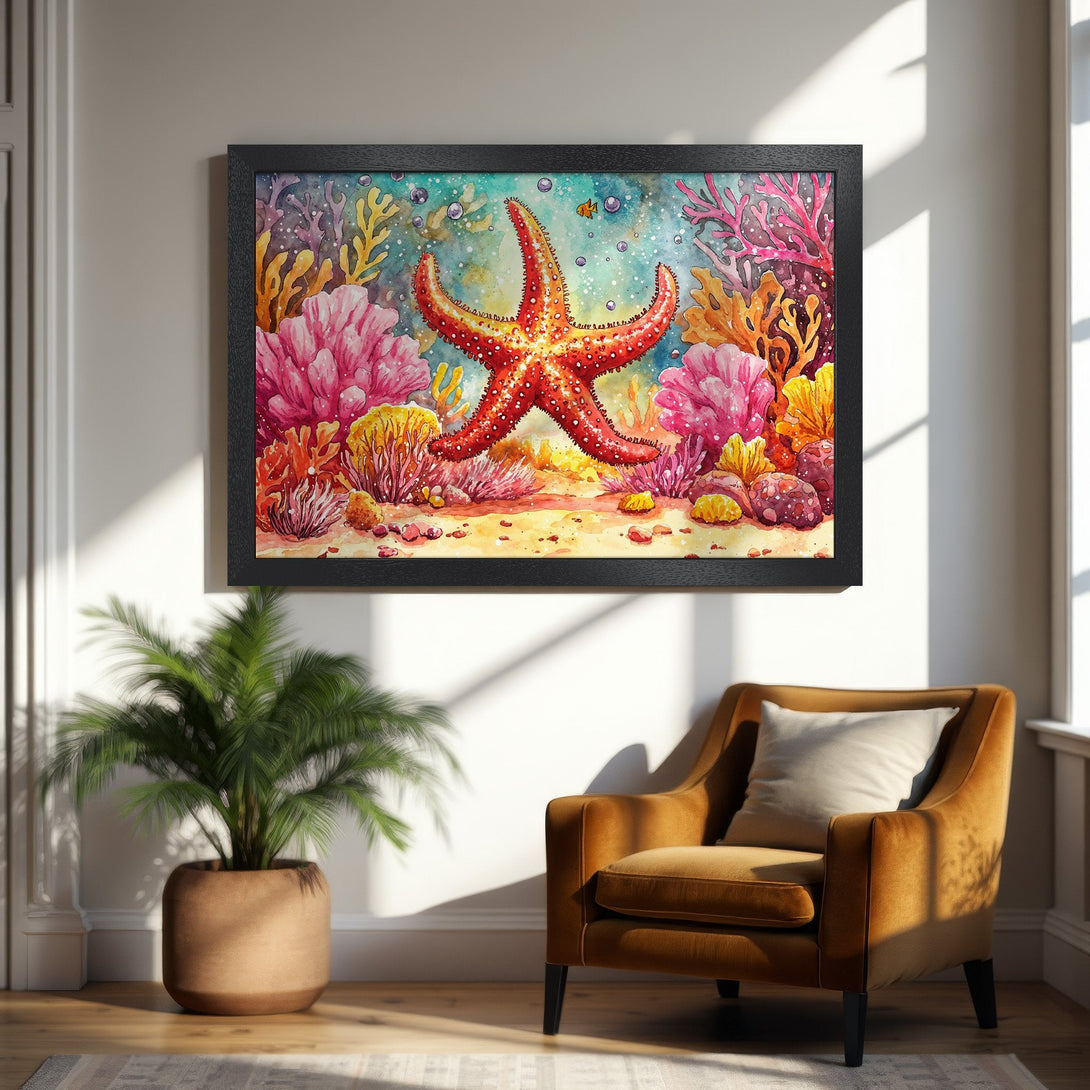 Framed Poster: Watercolor starfish art in vibrant coral reef colors. Perfect wall decor for a coastal vibe!