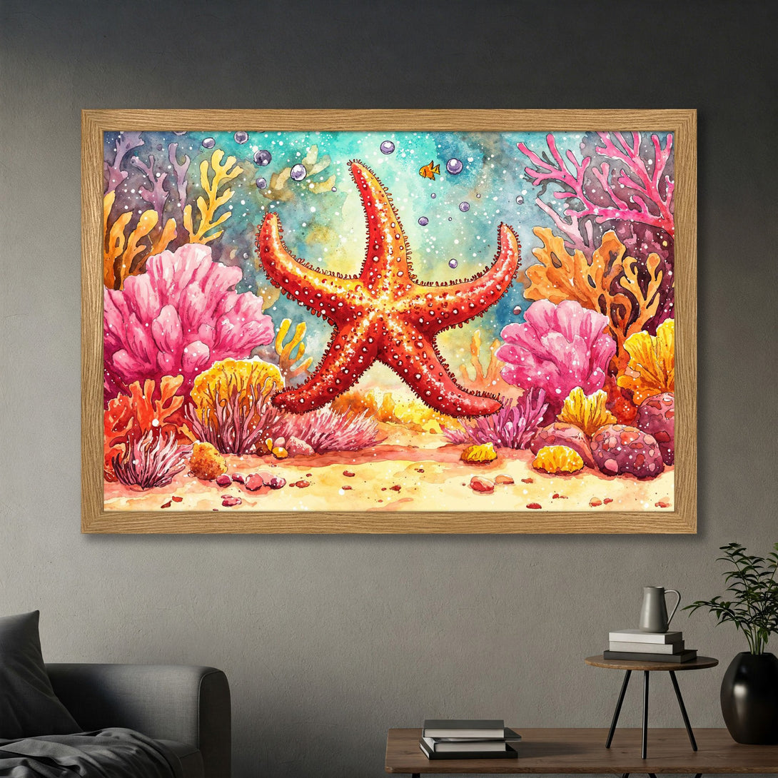 Framed Poster of a vibrant watercolor starfish and coral reef scene. Colorful palette of red, pink, orange, and teal. Perfect wall art!