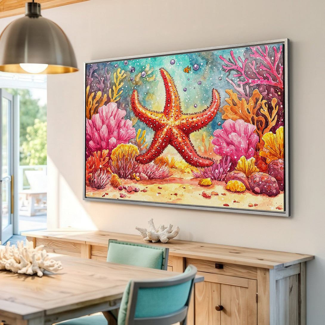 Framed Wall Art: Watercolor starfish and coral reef scene. Vibrant colors: red, pink, yellow, and blue. Coastal art for your home.